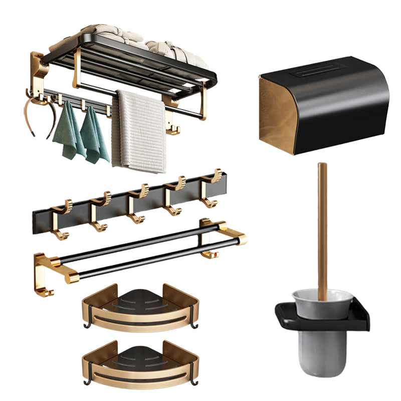 Modernism Bathroom Accessories Hardware Set Black & Golden Bath Shelf/Towel Bar 7-Piece Set Clearhalo 'Bathroom Hardware Sets' 'Bathroom Hardware' 'Bathroom Remodel & Bathroom Fixtures' 'bathroom_hardware_sets' 'Home Improvement' 'home_improvement' 'home_improvement_bathroom_hardware_sets' 6568507