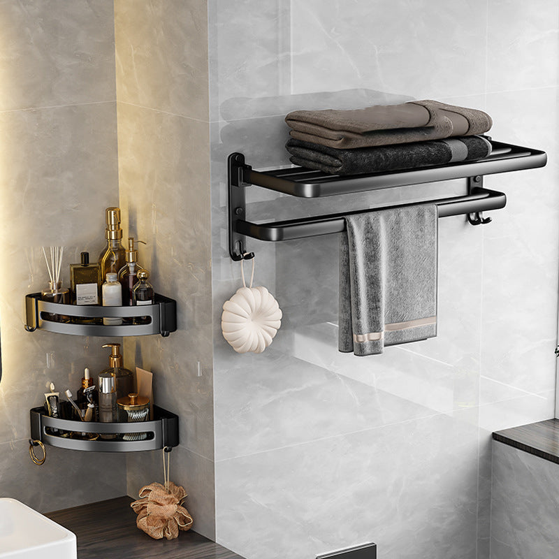 Black Aluminum Bathroom Accessory Set Modern Bath Shelf/ Towel Bar & Paper Holder Towel Rack with Bath Shelf Clearhalo 'Bathroom Hardware Sets' 'Bathroom Hardware' 'Bathroom Remodel & Bathroom Fixtures' 'bathroom_hardware_sets' 'Home Improvement' 'home_improvement' 'home_improvement_bathroom_hardware_sets' 6568523