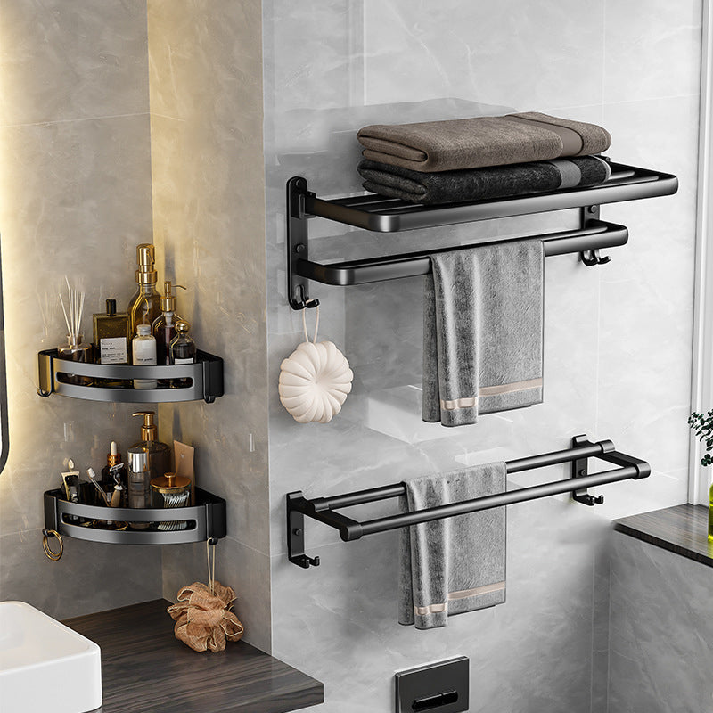 Black Aluminum Bathroom Accessory Set Modern Bath Shelf/ Towel Bar & Paper Holder 4-Piece Set (Towel Bar) Clearhalo 'Bathroom Hardware Sets' 'Bathroom Hardware' 'Bathroom Remodel & Bathroom Fixtures' 'bathroom_hardware_sets' 'Home Improvement' 'home_improvement' 'home_improvement_bathroom_hardware_sets' 6568527