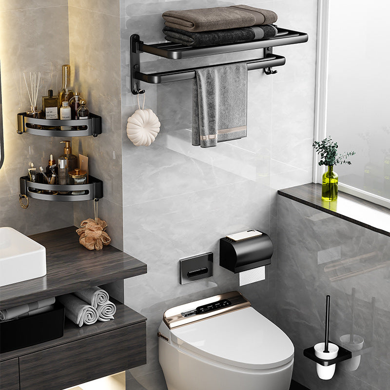 Black Aluminum Bathroom Accessory Set Modern Bath Shelf/ Towel Bar & Paper Holder 5-Piece Set (Toilet Brush) Clearhalo 'Bathroom Hardware Sets' 'Bathroom Hardware' 'Bathroom Remodel & Bathroom Fixtures' 'bathroom_hardware_sets' 'Home Improvement' 'home_improvement' 'home_improvement_bathroom_hardware_sets' 6568537