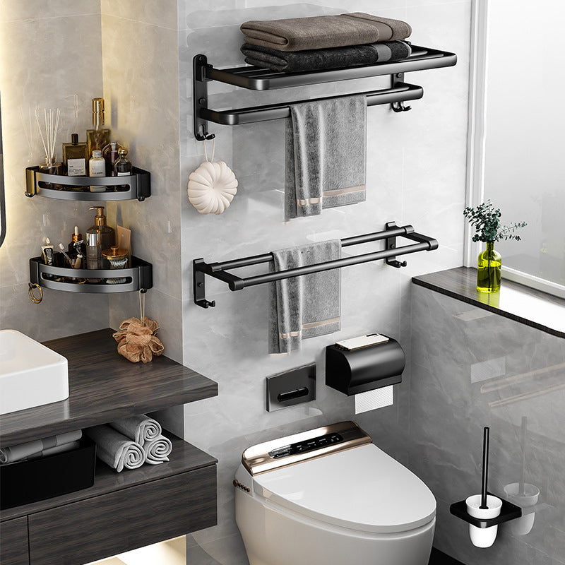 Black Aluminum Bathroom Accessory Set Modern Bath Shelf/ Towel Bar & Paper Holder 6-Piece Set Clearhalo 'Bathroom Hardware Sets' 'Bathroom Hardware' 'Bathroom Remodel & Bathroom Fixtures' 'bathroom_hardware_sets' 'Home Improvement' 'home_improvement' 'home_improvement_bathroom_hardware_sets' 6568543