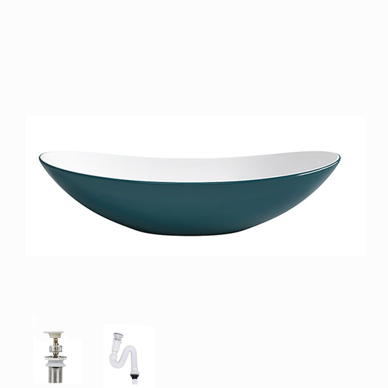 Modern Basin Sink Oval Porcelain with Pop-Up Drain Vessel Bathroom Sink 16"L x 13"W x 6"H Green Sink Clearhalo 'Bathroom Remodel & Bathroom Fixtures' 'Bathroom Sinks & Faucet Components' 'Bathroom Sinks' 'bathroom_sink' 'Home Improvement' 'home_improvement' 'home_improvement_bathroom_sink' 6577061