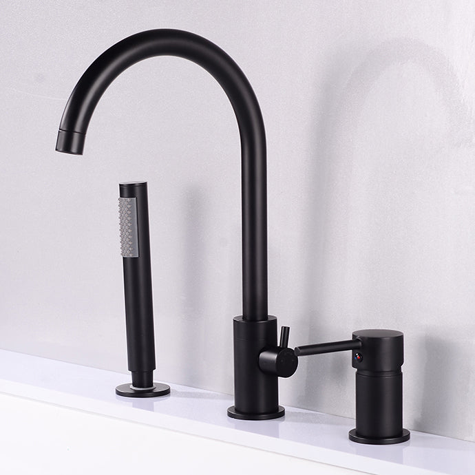 Modern Deck Mounted Metal Tub Filler Gooseneck Faucet in Black/Gold/Silver Black Hand Shower Included Clearhalo 'Bathroom Remodel & Bathroom Fixtures' 'Bathtub Faucets' 'bathtub_faucets' 'Home Improvement' 'home_improvement' 'home_improvement_bathtub_faucets' 6577850