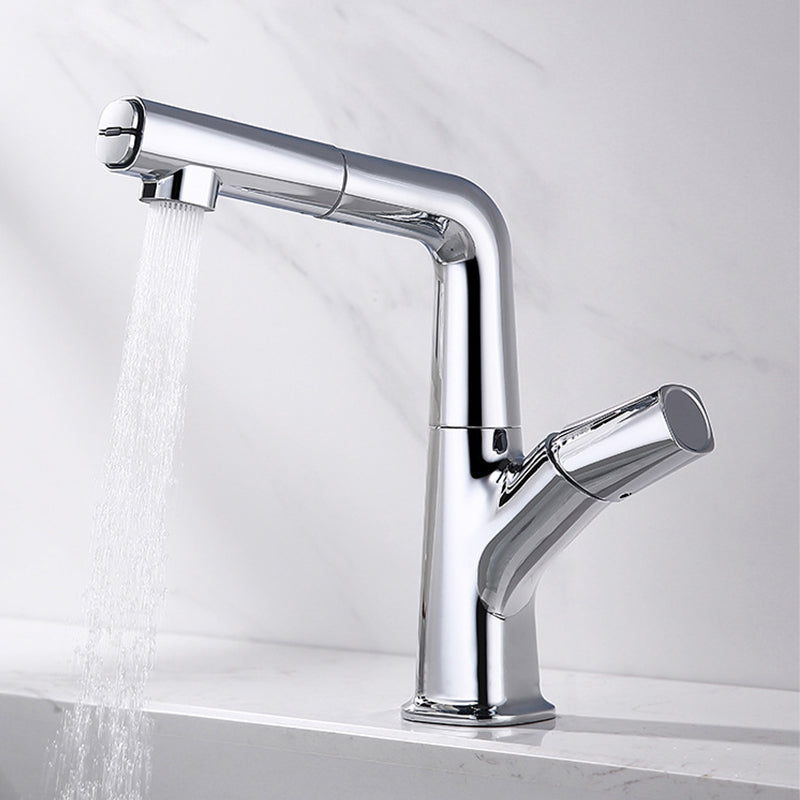 Centerset Lavatory Faucet Contemporary Pull-out Faucet with One Knob Handle Plata Clearhalo 'bathroom_sink_faucets' 'Conjunta de Baño y Conjunta de Grifo' 'Coronamiento de Baño y Dispositivo de Baño' 'Grifo del lavabo del baño' 'Hogar' 'home_improvement' 'home_improvement_bathroom_sink_faucets' 'Mejoras para el hogar' 6577987