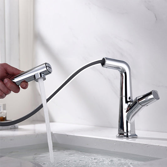 Centerset Lavatory Faucet Contemporary Pull-out Faucet with One Knob Handle Clearhalo 'bathroom_sink_faucets' 'Conjunta de Baño y Conjunta de Grifo' 'Coronamiento de Baño y Dispositivo de Baño' 'Grifo del lavabo del baño' 'Hogar' 'home_improvement' 'home_improvement_bathroom_sink_faucets' 'Mejoras para el hogar' 6577989