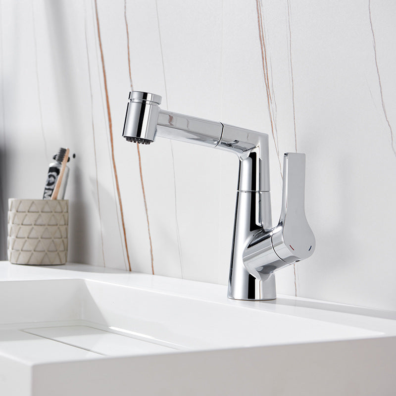 Modern Pull-out Faucet Single Lever Handle Faucet for Bathroom Silver Clearhalo 'Bathroom Remodel & Bathroom Fixtures' 'Bathroom Sink Faucets' 'Bathroom Sinks & Faucet Components' 'bathroom_sink_faucets' 'Home Improvement' 'home_improvement' 'home_improvement_bathroom_sink_faucets' 6585142