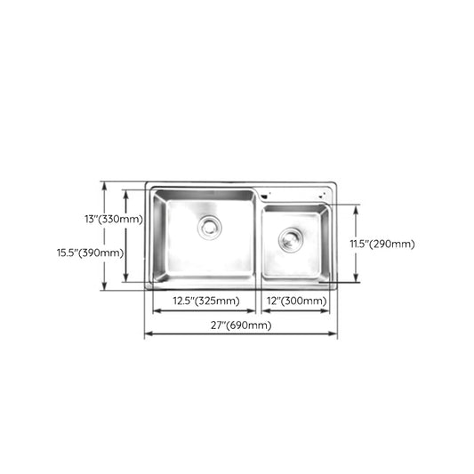 Rectangle 2 Holes Kitchen Sink Stainless Steel Double Basin Sink Clearhalo 'Home Improvement' 'home_improvement' 'home_improvement_kitchen_sinks' 'Kitchen Remodel & Kitchen Fixtures' 'Kitchen Sinks & Faucet Components' 'Kitchen Sinks' 'kitchen_sinks' 6585358