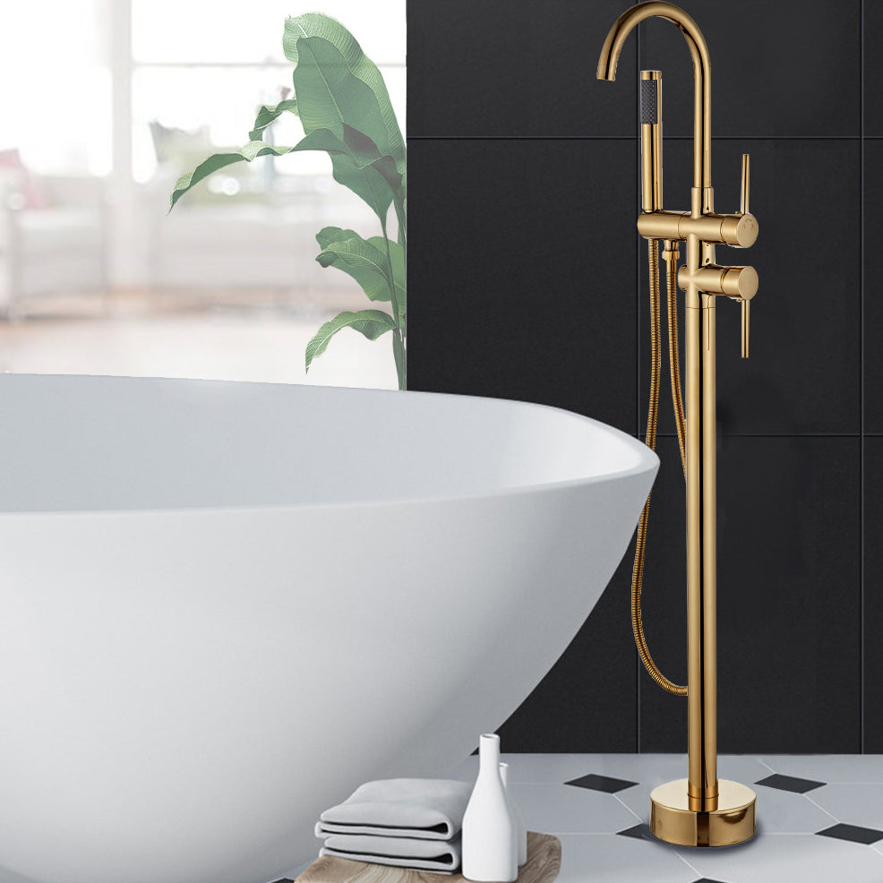 Traditional Floor Mounted Freestanding Tub Filler Double Handles Bathtub Faucet Dark Gold Clearhalo 'Bathroom Remodel & Bathroom Fixtures' 'Bathtub Faucets' 'bathtub_faucets' 'Home Improvement' 'home_improvement' 'home_improvement_bathtub_faucets' 6585852