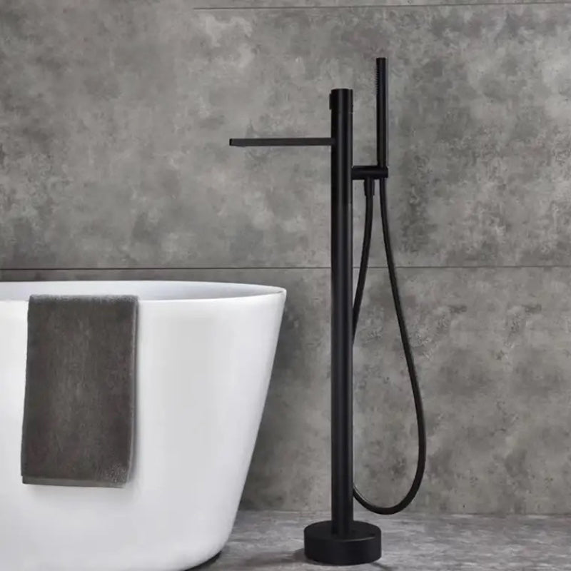 Floor Mounted Metal Freestanding Tub Filler Single Handle Freestanding Tub Filler Trim Black Ground Clearhalo 'Bathroom Remodel & Bathroom Fixtures' 'Bathtub Faucets' 'bathtub_faucets' 'Home Improvement' 'home_improvement' 'home_improvement_bathtub_faucets' 6585909