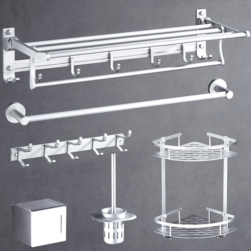 Silver Modern Bathroom Accessory Set with Bath Shelf/Towel Bar & Robe Hooks Clearhalo 'Bathroom Hardware Sets' 'Bathroom Hardware' 'Bathroom Remodel & Bathroom Fixtures' 'bathroom_hardware_sets' 'Home Improvement' 'home_improvement' 'home_improvement_bathroom_hardware_sets' 6587515