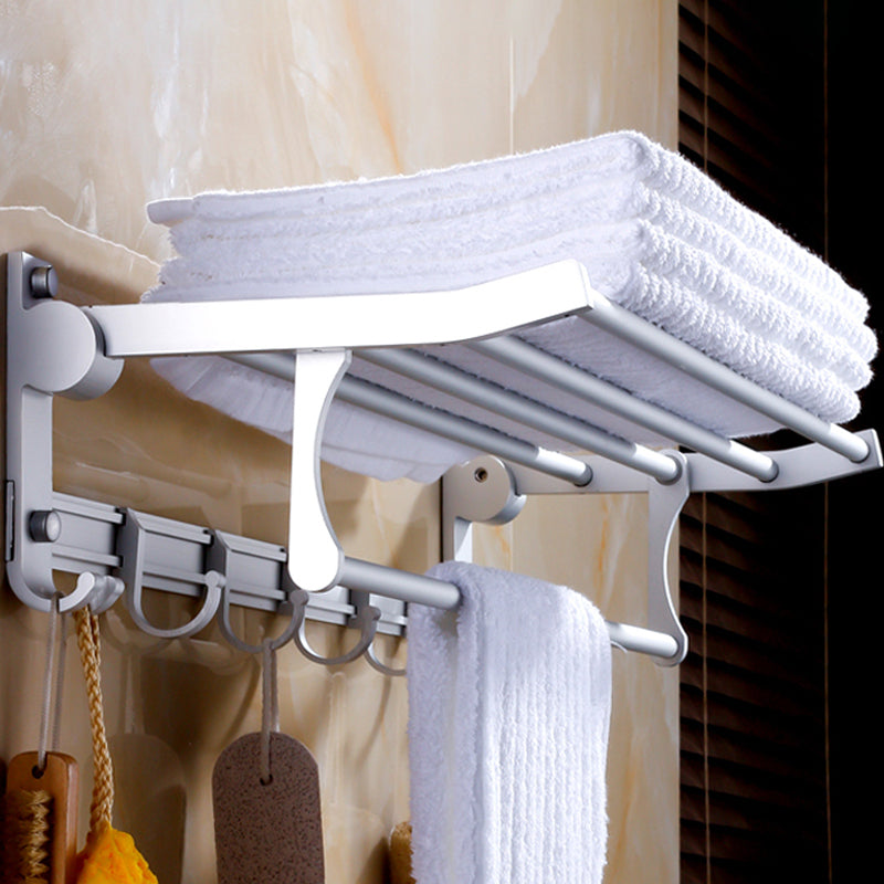 Silver Modern Bathroom Accessory Set with Bath Shelf/Towel Bar & Robe Hooks Clearhalo 'Bathroom Hardware Sets' 'Bathroom Hardware' 'Bathroom Remodel & Bathroom Fixtures' 'bathroom_hardware_sets' 'Home Improvement' 'home_improvement' 'home_improvement_bathroom_hardware_sets' 6587518