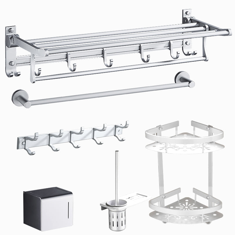 Silver Modern Bathroom Accessory Set with Bath Shelf/Towel Bar & Robe Hooks Clearhalo 'Bathroom Hardware Sets' 'Bathroom Hardware' 'Bathroom Remodel & Bathroom Fixtures' 'bathroom_hardware_sets' 'Home Improvement' 'home_improvement' 'home_improvement_bathroom_hardware_sets' 6587520