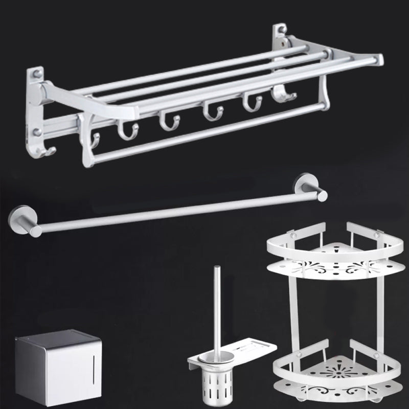 Silver Modern Bathroom Accessory Set with Bath Shelf/Towel Bar & Robe Hooks 5-Piece Set (with Hook) Clearhalo 'Bathroom Hardware Sets' 'Bathroom Hardware' 'Bathroom Remodel & Bathroom Fixtures' 'bathroom_hardware_sets' 'Home Improvement' 'home_improvement' 'home_improvement_bathroom_hardware_sets' 6587529