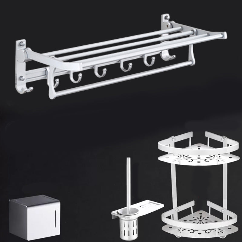 Silver Modern Bathroom Accessory Set with Bath Shelf/Towel Bar & Robe Hooks 4-Piece Set (with Hook) Clearhalo 'Bathroom Hardware Sets' 'Bathroom Hardware' 'Bathroom Remodel & Bathroom Fixtures' 'bathroom_hardware_sets' 'Home Improvement' 'home_improvement' 'home_improvement_bathroom_hardware_sets' 6587531