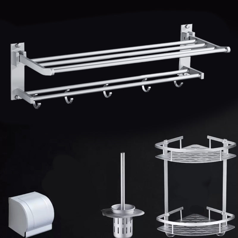 Silver Modern Bathroom Accessory Set with Bath Shelf/Towel Bar & Robe Hooks 4-Piece Set (without Hook) Clearhalo 'Bathroom Hardware Sets' 'Bathroom Hardware' 'Bathroom Remodel & Bathroom Fixtures' 'bathroom_hardware_sets' 'Home Improvement' 'home_improvement' 'home_improvement_bathroom_hardware_sets' 6587533