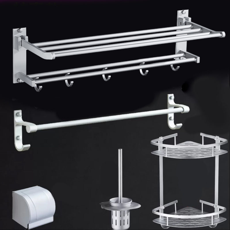 Silver Modern Bathroom Accessory Set with Bath Shelf/Towel Bar & Robe Hooks 5-Piece Set (without Hook) Clearhalo 'Bathroom Hardware Sets' 'Bathroom Hardware' 'Bathroom Remodel & Bathroom Fixtures' 'bathroom_hardware_sets' 'Home Improvement' 'home_improvement' 'home_improvement_bathroom_hardware_sets' 6587534