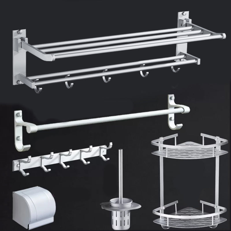 Silver Modern Bathroom Accessory Set with Bath Shelf/Towel Bar & Robe Hooks 6-Piece Set (without Hook) Clearhalo 'Bathroom Hardware Sets' 'Bathroom Hardware' 'Bathroom Remodel & Bathroom Fixtures' 'bathroom_hardware_sets' 'Home Improvement' 'home_improvement' 'home_improvement_bathroom_hardware_sets' 6587537