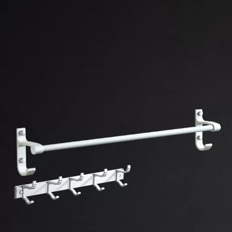 Silver Modern Bathroom Accessory Set with Bath Shelf/Towel Bar & Robe Hooks Towel Bar with Towel/ Robe Hook Clearhalo 'Bathroom Hardware Sets' 'Bathroom Hardware' 'Bathroom Remodel & Bathroom Fixtures' 'bathroom_hardware_sets' 'Home Improvement' 'home_improvement' 'home_improvement_bathroom_hardware_sets' 6587539