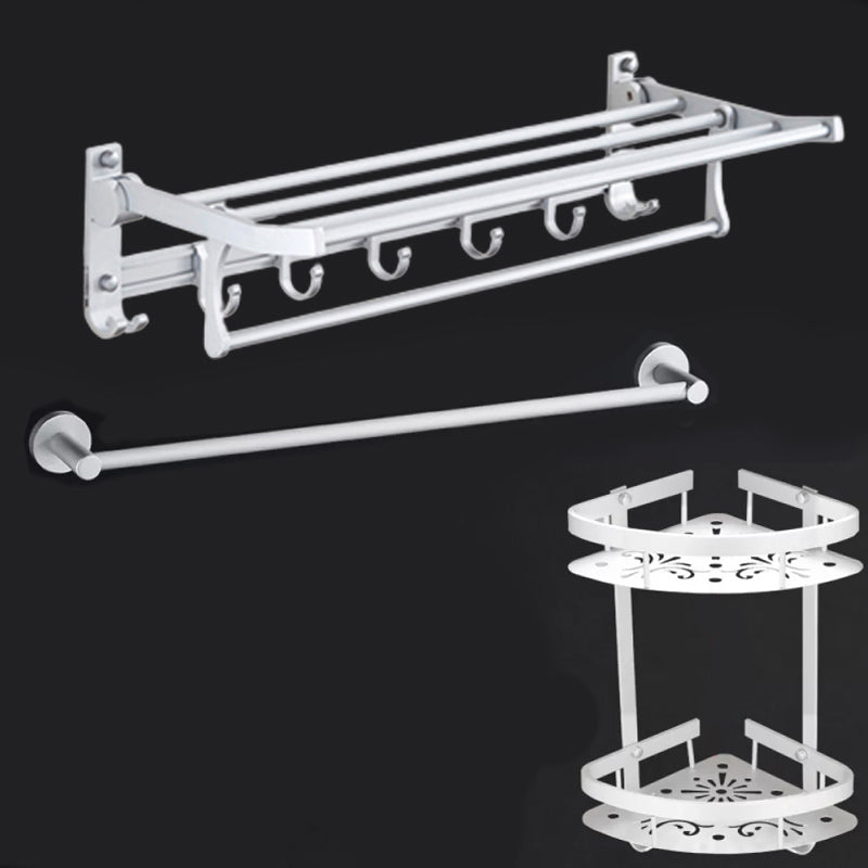 Silver Modern Bathroom Accessory Set with Bath Shelf/Towel Bar & Robe Hooks 3-Piece Set (16"L) Clearhalo 'Bathroom Hardware Sets' 'Bathroom Hardware' 'Bathroom Remodel & Bathroom Fixtures' 'bathroom_hardware_sets' 'Home Improvement' 'home_improvement' 'home_improvement_bathroom_hardware_sets' 6587540