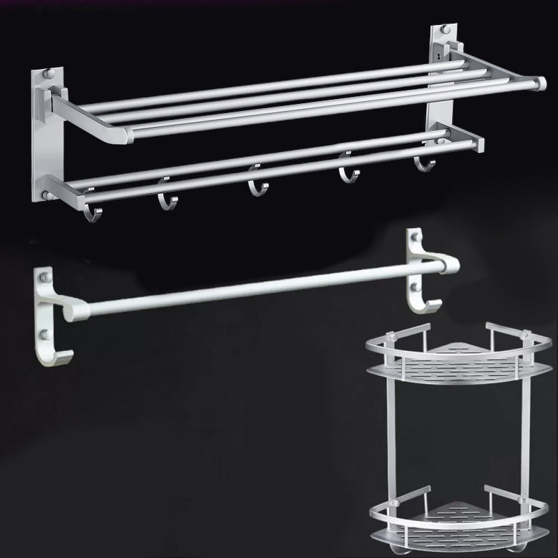 Silver Modern Bathroom Accessory Set with Bath Shelf/Towel Bar & Robe Hooks 3-Piece Set (15"L) Clearhalo 'Bathroom Hardware Sets' 'Bathroom Hardware' 'Bathroom Remodel & Bathroom Fixtures' 'bathroom_hardware_sets' 'Home Improvement' 'home_improvement' 'home_improvement_bathroom_hardware_sets' 6587541