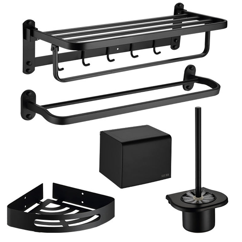 Modern Bathroom Accessory Set Bath Shelf Towel Bar Matte Black Bath Hardware Set 5-Piece Set (Single Deck Shelf) Clearhalo 'Bathroom Hardware Sets' 'Bathroom Hardware' 'Bathroom Remodel & Bathroom Fixtures' 'bathroom_hardware_sets' 'Home Improvement' 'home_improvement' 'home_improvement_bathroom_hardware_sets' 6587615