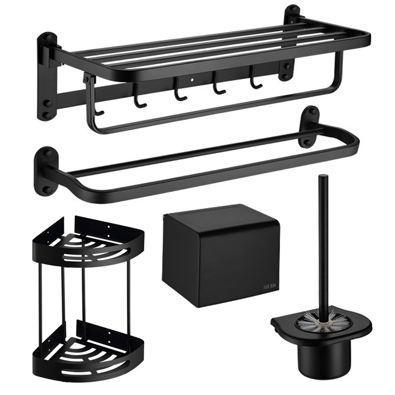 Modern Bathroom Accessory Set Bath Shelf Towel Bar Matte Black Bath Hardware Set 5-Piece Set(Double Deck Shelves) Clearhalo 'Bathroom Hardware Sets' 'Bathroom Hardware' 'Bathroom Remodel & Bathroom Fixtures' 'bathroom_hardware_sets' 'Home Improvement' 'home_improvement' 'home_improvement_bathroom_hardware_sets' 6587617