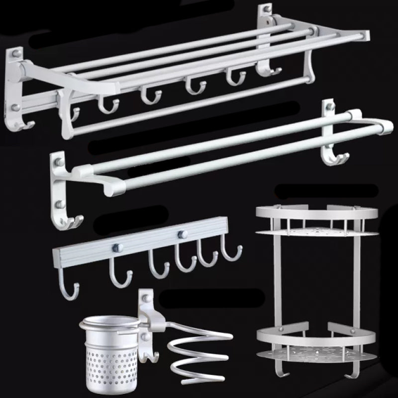 Silver Contemporary Bathroom Hardware Set Stainless Aluminum Bathroom Set 5-Piece Set (with Hook) Clearhalo 'Bathroom Hardware Sets' 'Bathroom Hardware' 'Bathroom Remodel & Bathroom Fixtures' 'bathroom_hardware_sets' 'Home Improvement' 'home_improvement' 'home_improvement_bathroom_hardware_sets' 6587670