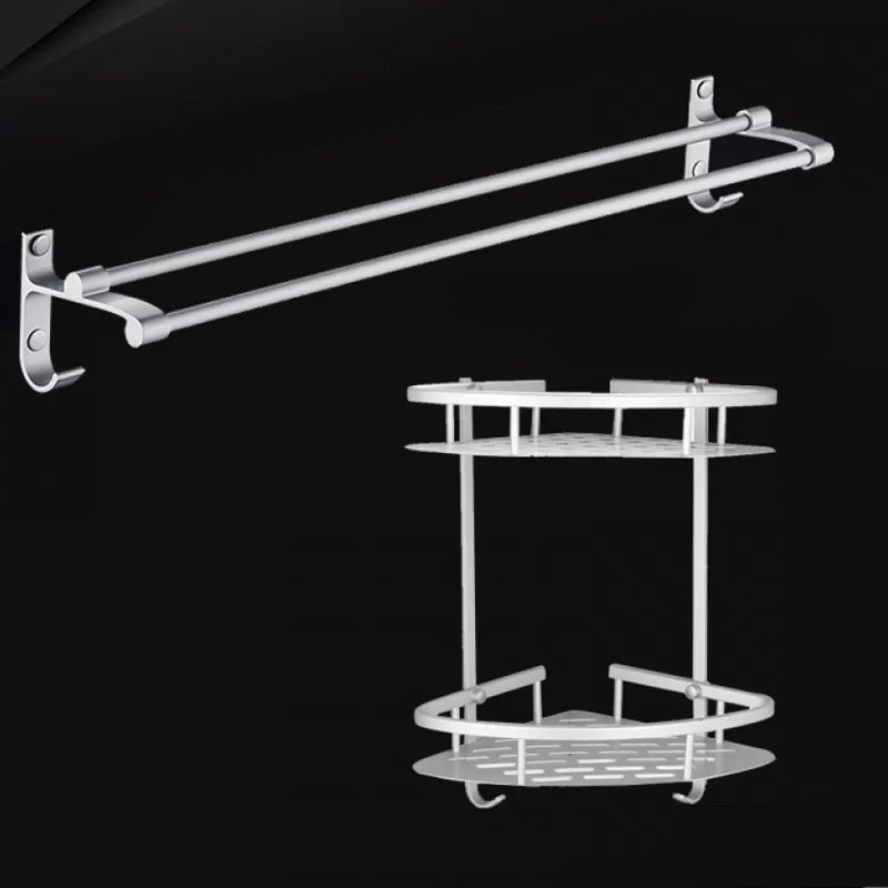 Silver Contemporary Bathroom Hardware Set Stainless Aluminum Bathroom Set Towel Bar (Single Hook) & Double Layer Bath Shelf Clearhalo 'Bathroom Hardware Sets' 'Bathroom Hardware' 'Bathroom Remodel & Bathroom Fixtures' 'bathroom_hardware_sets' 'Home Improvement' 'home_improvement' 'home_improvement_bathroom_hardware_sets' 6587678