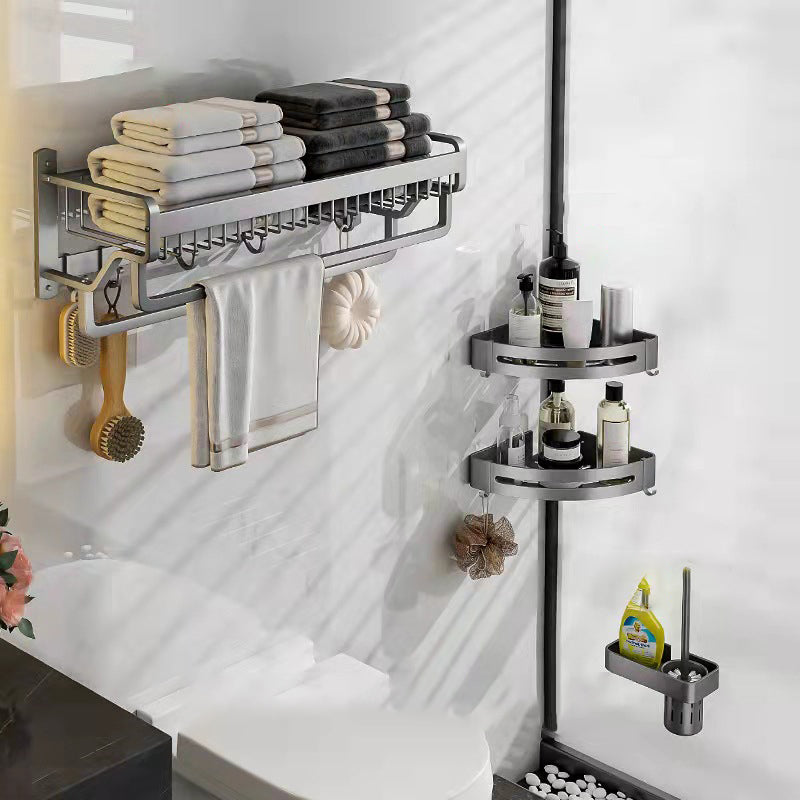 Modern Metal Bathroom Accessory Set Polished Sliver Bath Shelf/Paper Holder/Robe Hooks 4-Piece Set (Toilet Brush) Clearhalo 'Bathroom Hardware Sets' 'Bathroom Hardware' 'Bathroom Remodel & Bathroom Fixtures' 'bathroom_hardware_sets' 'Home Improvement' 'home_improvement' 'home_improvement_bathroom_hardware_sets' 6587759