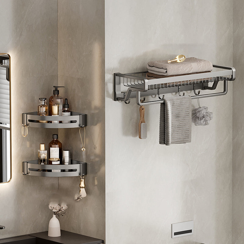 Aluminum Modern Bathroom Accessory Set Polished Gray Bath Shelf/Paper Holder/Robe Hooks 3-Piece Set (Single Rail) Clearhalo 'Bathroom Hardware Sets' 'Bathroom Hardware' 'Bathroom Remodel & Bathroom Fixtures' 'bathroom_hardware_sets' 'Home Improvement' 'home_improvement' 'home_improvement_bathroom_hardware_sets' 6587786