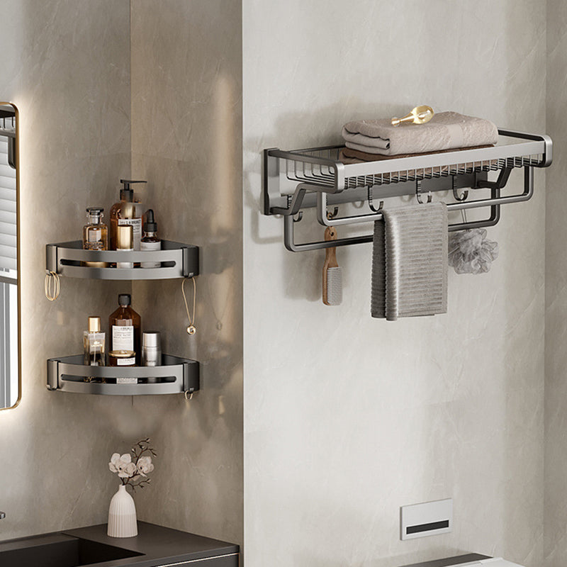 Aluminum Modern Bathroom Accessory Set Polished Gray Bath Shelf/Paper Holder/Robe Hooks 3-Piece Set (Double Rails) Clearhalo 'Bathroom Hardware Sets' 'Bathroom Hardware' 'Bathroom Remodel & Bathroom Fixtures' 'bathroom_hardware_sets' 'Home Improvement' 'home_improvement' 'home_improvement_bathroom_hardware_sets' 6587788