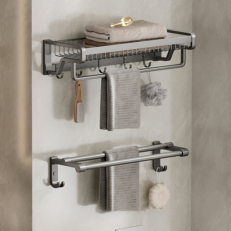 Aluminum Modern Bathroom Accessory Set Polished Gray Bath Shelf/Paper Holder/Robe Hooks Single Bar Towel Rack + Towel Bar Clearhalo 'Bathroom Hardware Sets' 'Bathroom Hardware' 'Bathroom Remodel & Bathroom Fixtures' 'bathroom_hardware_sets' 'Home Improvement' 'home_improvement' 'home_improvement_bathroom_hardware_sets' 6587790