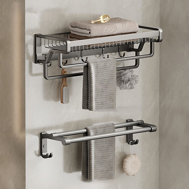 Aluminum Modern Bathroom Accessory Set Polished Gray Bath Shelf/Paper Holder/Robe Hooks Double Bars Towel Rack + Towel Bar Clearhalo 'Bathroom Hardware Sets' 'Bathroom Hardware' 'Bathroom Remodel & Bathroom Fixtures' 'bathroom_hardware_sets' 'Home Improvement' 'home_improvement' 'home_improvement_bathroom_hardware_sets' 6587792