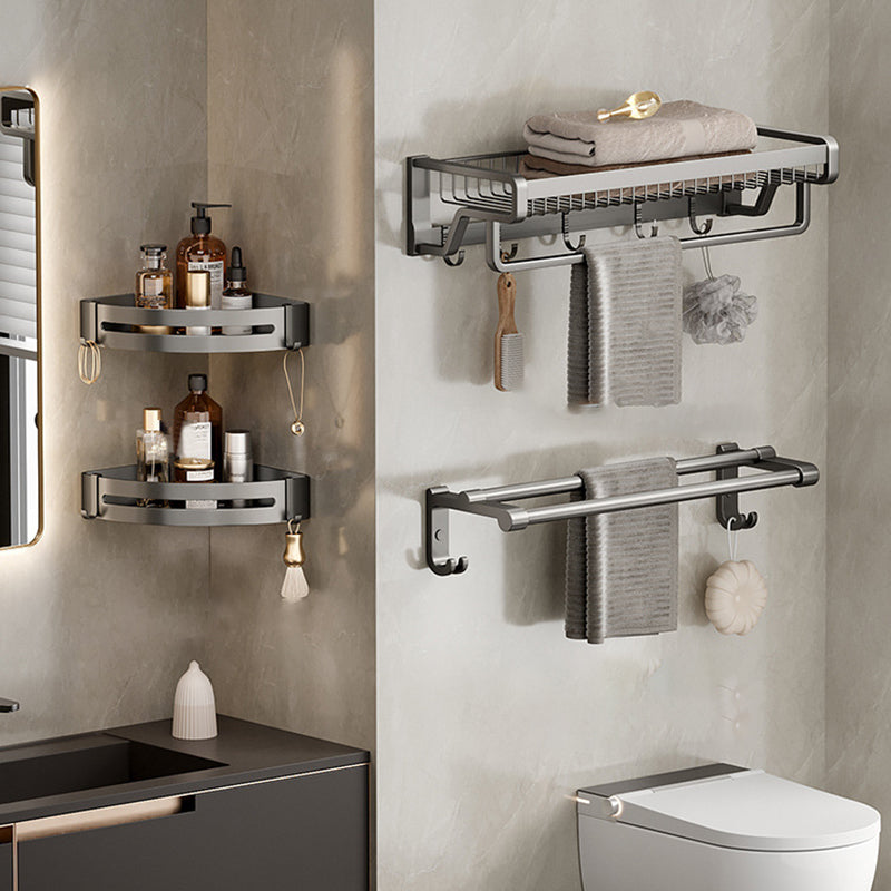 Aluminum Modern Bathroom Accessory Set Polished Gray Bath Shelf/Paper Holder/Robe Hooks Single Bar 4-Piece Set (Towel Bar) Clearhalo 'Bathroom Hardware Sets' 'Bathroom Hardware' 'Bathroom Remodel & Bathroom Fixtures' 'bathroom_hardware_sets' 'Home Improvement' 'home_improvement' 'home_improvement_bathroom_hardware_sets' 6587794