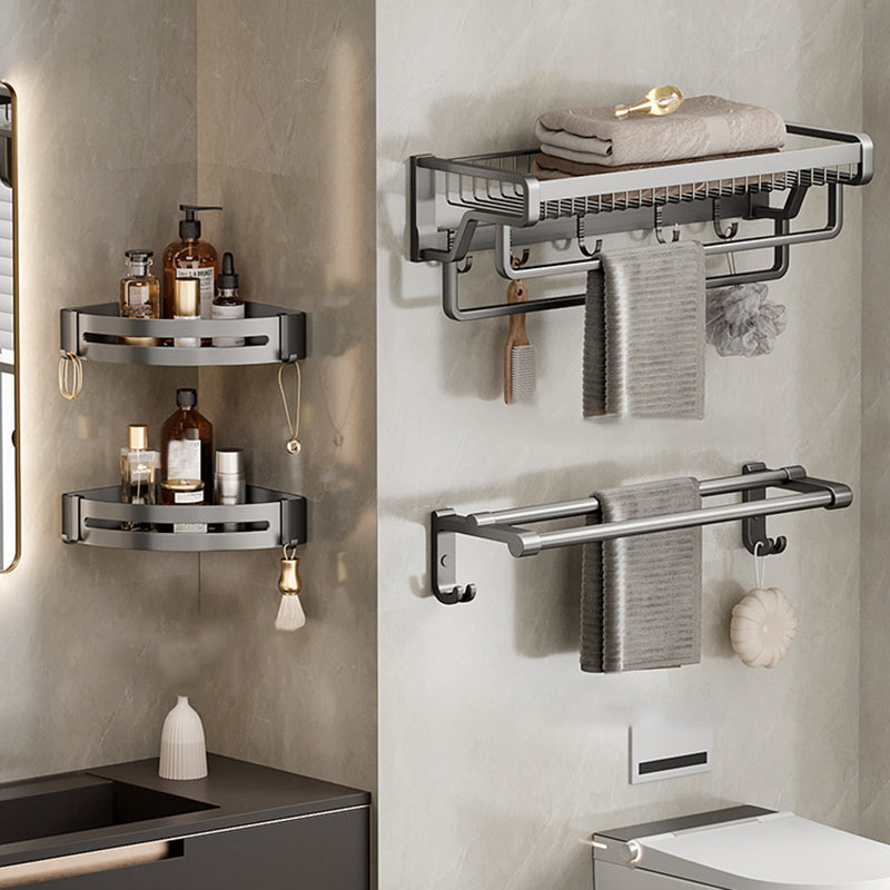 Aluminum Modern Bathroom Accessory Set Polished Gray Bath Shelf/Paper Holder/Robe Hooks Double Bars 4-Piece Set (Towel Bar) Clearhalo 'Bathroom Hardware Sets' 'Bathroom Hardware' 'Bathroom Remodel & Bathroom Fixtures' 'bathroom_hardware_sets' 'Home Improvement' 'home_improvement' 'home_improvement_bathroom_hardware_sets' 6587797