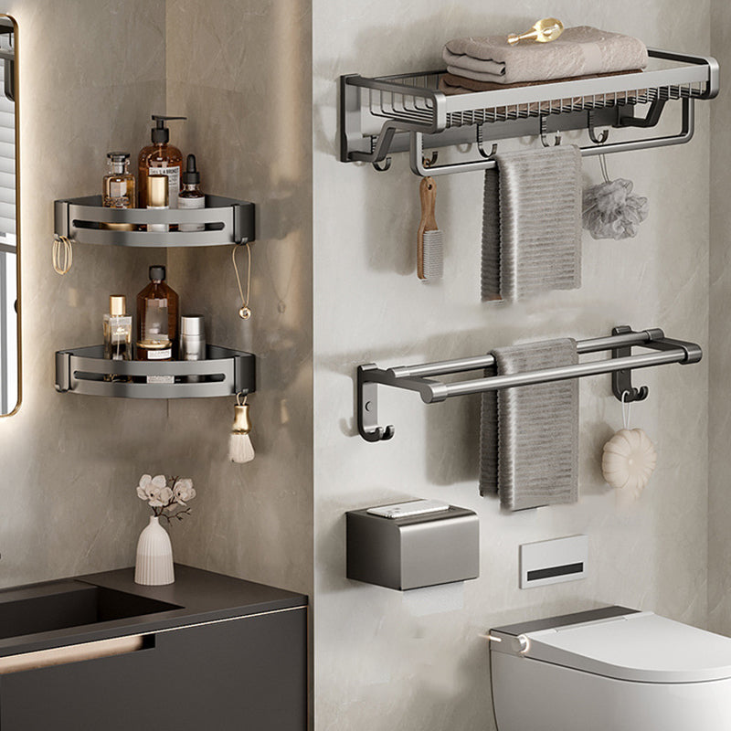 Aluminum Modern Bathroom Accessory Set Polished Gray Bath Shelf/Paper Holder/Robe Hooks Single Bar 5-Piece Set (Towel Bar) Clearhalo 'Bathroom Hardware Sets' 'Bathroom Hardware' 'Bathroom Remodel & Bathroom Fixtures' 'bathroom_hardware_sets' 'Home Improvement' 'home_improvement' 'home_improvement_bathroom_hardware_sets' 6587807