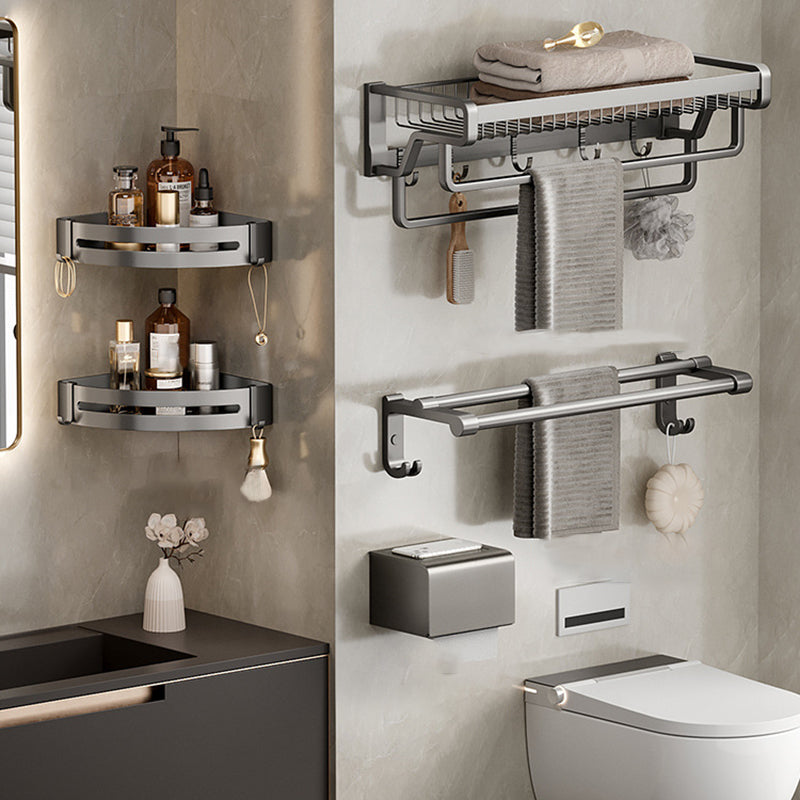 Aluminum Modern Bathroom Accessory Set Polished Gray Bath Shelf/Paper Holder/Robe Hooks Double Bars 5-Piece Set (Towel Bar) Clearhalo 'Bathroom Hardware Sets' 'Bathroom Hardware' 'Bathroom Remodel & Bathroom Fixtures' 'bathroom_hardware_sets' 'Home Improvement' 'home_improvement' 'home_improvement_bathroom_hardware_sets' 6587809