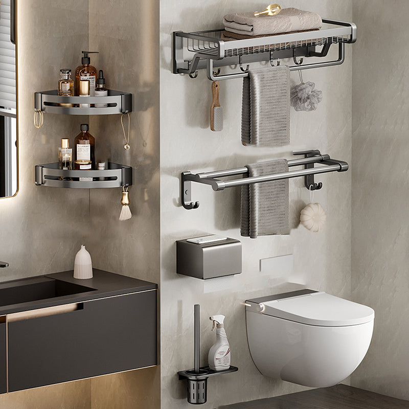 Aluminum Modern Bathroom Accessory Set Polished Gray Bath Shelf/Paper Holder/Robe Hooks Single Bar 6-Piece Set Clearhalo 'Bathroom Hardware Sets' 'Bathroom Hardware' 'Bathroom Remodel & Bathroom Fixtures' 'bathroom_hardware_sets' 'Home Improvement' 'home_improvement' 'home_improvement_bathroom_hardware_sets' 6587813