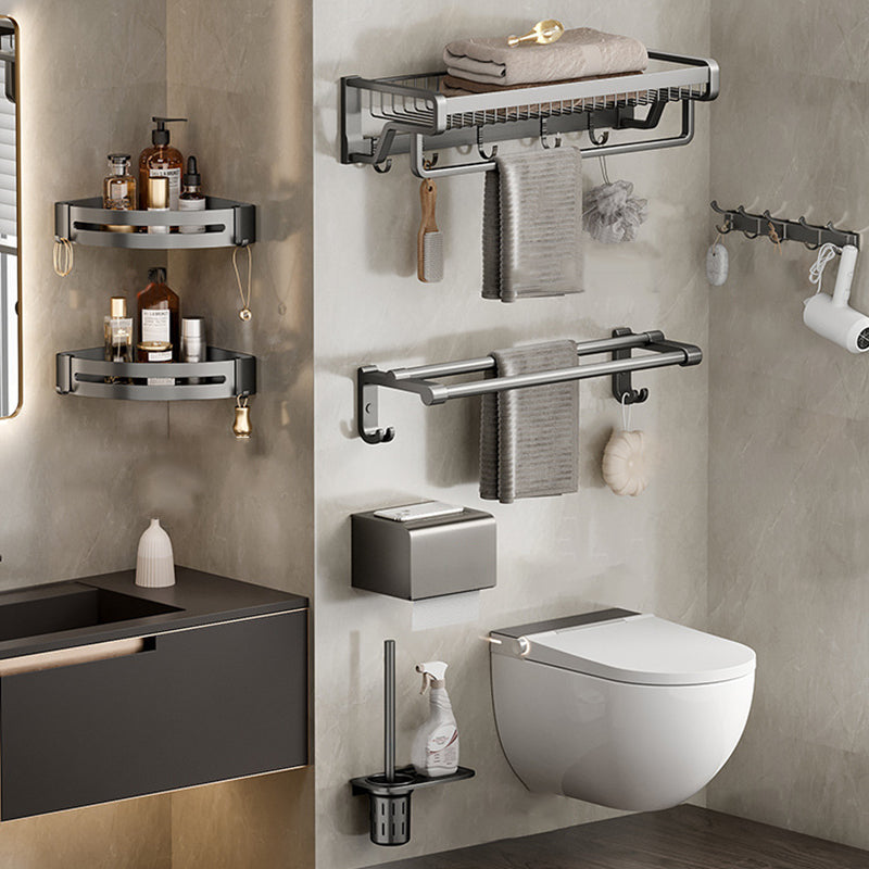 Aluminum Modern Bathroom Accessory Set Polished Gray Bath Shelf/Paper Holder/Robe Hooks Single Bar 7-Piece Set Clearhalo 'Bathroom Hardware Sets' 'Bathroom Hardware' 'Bathroom Remodel & Bathroom Fixtures' 'bathroom_hardware_sets' 'Home Improvement' 'home_improvement' 'home_improvement_bathroom_hardware_sets' 6587815