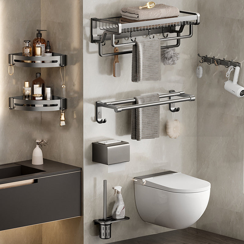 Aluminum Modern Bathroom Accessory Set Polished Gray Bath Shelf/Paper Holder/Robe Hooks Double Bars 7-Piece Set Clearhalo 'Bathroom Hardware Sets' 'Bathroom Hardware' 'Bathroom Remodel & Bathroom Fixtures' 'bathroom_hardware_sets' 'Home Improvement' 'home_improvement' 'home_improvement_bathroom_hardware_sets' 6587816