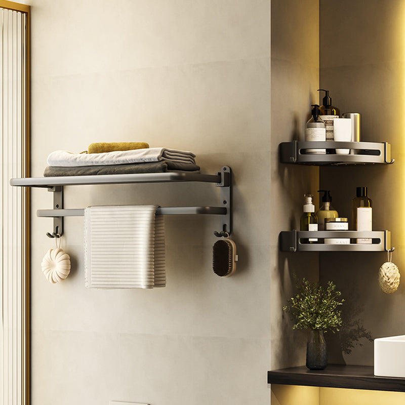 Contemporary Bathroom Accessory Kit Gray Aluminum Bath Shelf/Towel Bar/Robe Hooks Clearhalo 'Bathroom Hardware Sets' 'Bathroom Hardware' 'Bathroom Remodel & Bathroom Fixtures' 'bathroom_hardware_sets' 'Home Improvement' 'home_improvement' 'home_improvement_bathroom_hardware_sets' 6587866