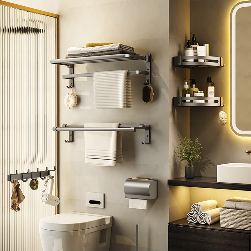 Contemporary Bathroom Accessory Kit Gray Aluminum Bath Shelf/Towel Bar/Robe Hooks Clearhalo 'Bathroom Hardware Sets' 'Bathroom Hardware' 'Bathroom Remodel & Bathroom Fixtures' 'bathroom_hardware_sets' 'Home Improvement' 'home_improvement' 'home_improvement_bathroom_hardware_sets' 6587871