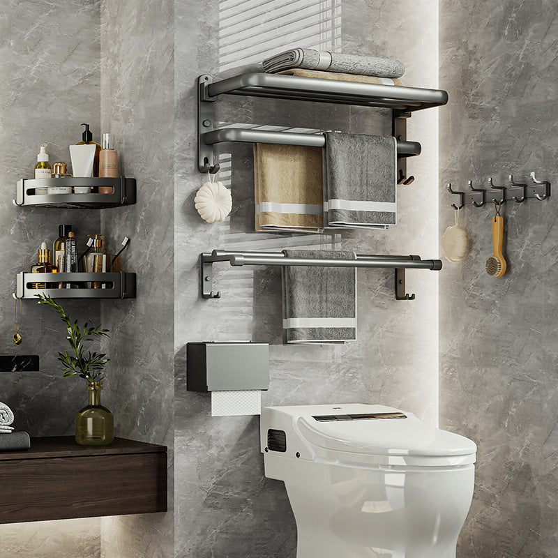 Contemporary Bathroom Accessory Kit Gray Aluminum Bath Shelf/Towel Bar/Robe Hooks Clearhalo 'Bathroom Hardware Sets' 'Bathroom Hardware' 'Bathroom Remodel & Bathroom Fixtures' 'bathroom_hardware_sets' 'Home Improvement' 'home_improvement' 'home_improvement_bathroom_hardware_sets' 6587872