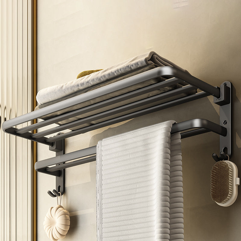 Contemporary Bathroom Accessory Kit Gray Aluminum Bath Shelf/Towel Bar/Robe Hooks Double Layer Towel Rack (20"L) Clearhalo 'Bathroom Hardware Sets' 'Bathroom Hardware' 'Bathroom Remodel & Bathroom Fixtures' 'bathroom_hardware_sets' 'Home Improvement' 'home_improvement' 'home_improvement_bathroom_hardware_sets' 6587878