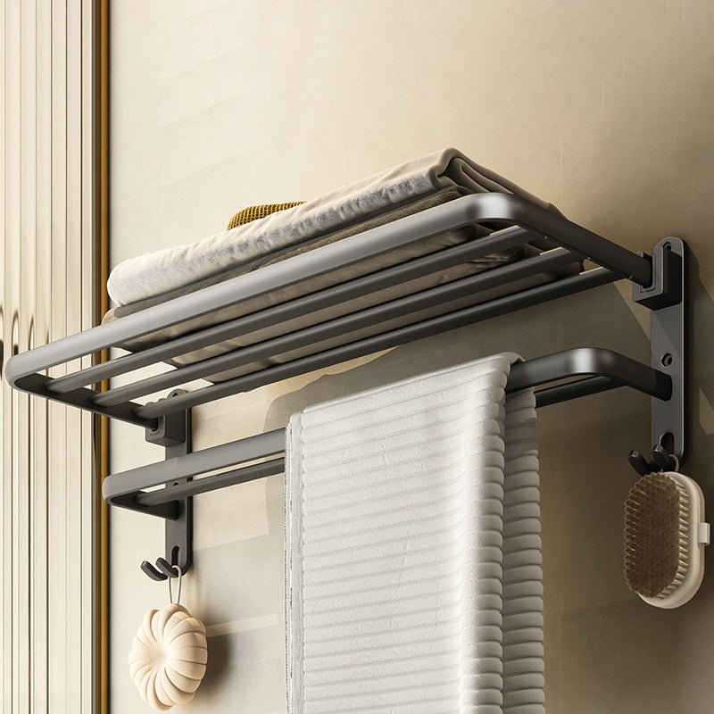 Contemporary Bathroom Accessory Kit Gray Aluminum Bath Shelf/Towel Bar/Robe Hooks Double Layer Towel Rack (24"L) Clearhalo 'Bathroom Hardware Sets' 'Bathroom Hardware' 'Bathroom Remodel & Bathroom Fixtures' 'bathroom_hardware_sets' 'Home Improvement' 'home_improvement' 'home_improvement_bathroom_hardware_sets' 6587880