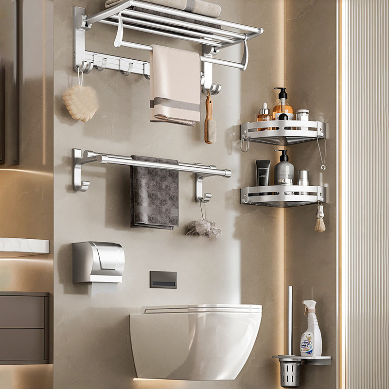 Traditional Bath Shelf Bathroom Accessories Hardware Set Stainless Steel Bathroom Set Light Silver 6-Piece Set (Triangular Bath Shelf) Clearhalo 'Bathroom Hardware Sets' 'Bathroom Hardware' 'Bathroom Remodel & Bathroom Fixtures' 'bathroom_hardware_sets' 'Home Improvement' 'home_improvement' 'home_improvement_bathroom_hardware_sets' 6587965