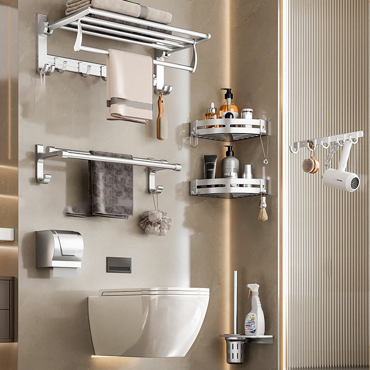 Traditional Bath Shelf Bathroom Accessories Hardware Set Stainless Steel Bathroom Set Light Silver 7-Piece Set (Hooks) Clearhalo 'Bathroom Hardware Sets' 'Bathroom Hardware' 'Bathroom Remodel & Bathroom Fixtures' 'bathroom_hardware_sets' 'Home Improvement' 'home_improvement' 'home_improvement_bathroom_hardware_sets' 6587967