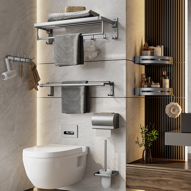 Gray Aluminum Bathroom Accessory Set Contemporary Bath Shelf Clearhalo 'Bathroom Hardware Sets' 'Bathroom Hardware' 'Bathroom Remodel & Bathroom Fixtures' 'bathroom_hardware_sets' 'Home Improvement' 'home_improvement' 'home_improvement_bathroom_hardware_sets' 6588034