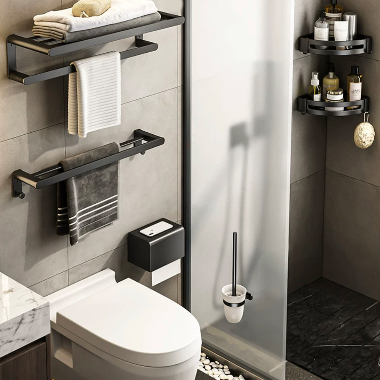 Modern Bath Hardware Set Black Towel Bar Bath Shelf Bathroom Hardware Set 6-Piece Set (Triangular Bath Shelf) Clearhalo 'Bathroom Hardware Sets' 'Bathroom Hardware' 'Bathroom Remodel & Bathroom Fixtures' 'bathroom_hardware_sets' 'Home Improvement' 'home_improvement' 'home_improvement_bathroom_hardware_sets' 6588072