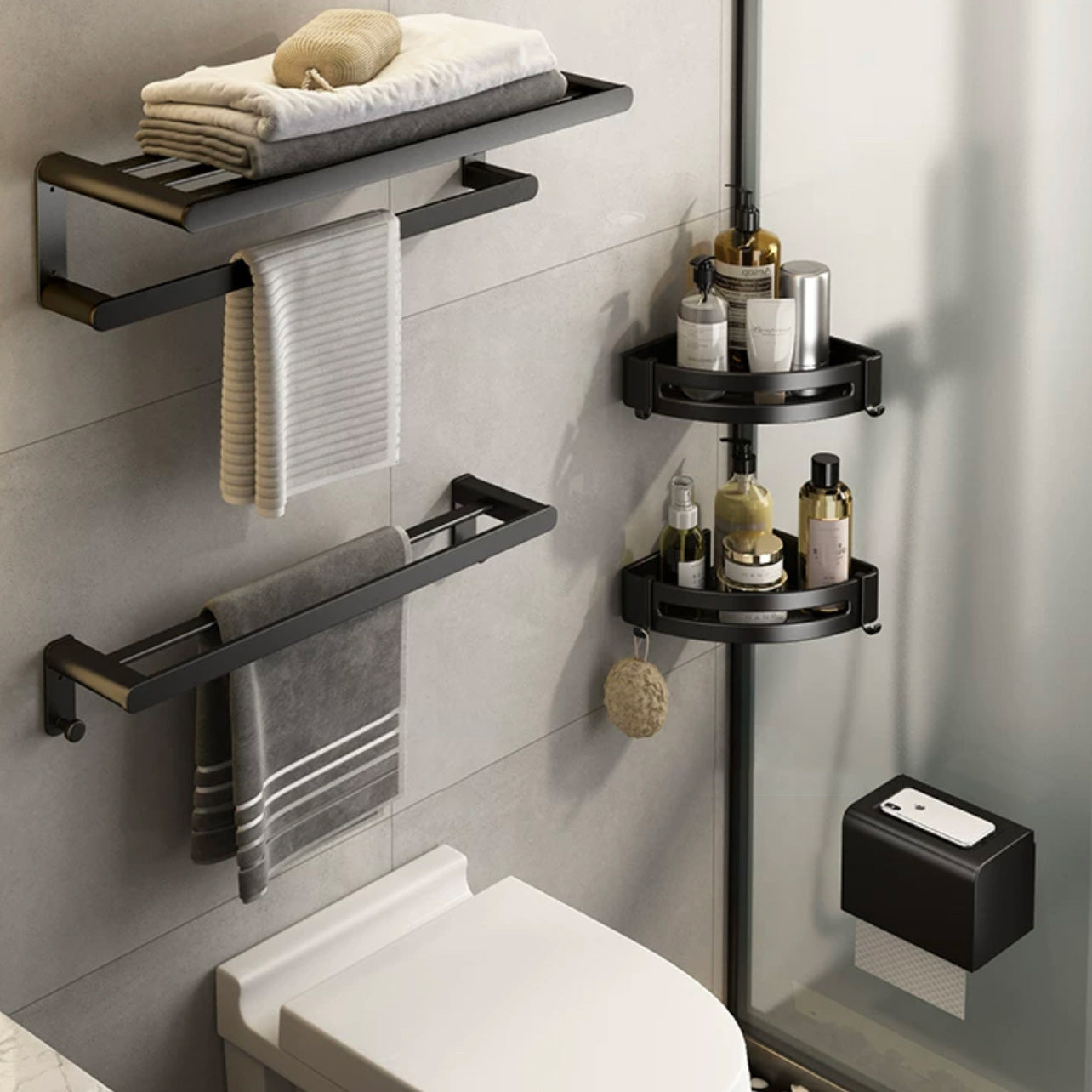 Black Bathroom Accessories Hardware Set with Towel Bar and Bath Shelf -  Clearhalo